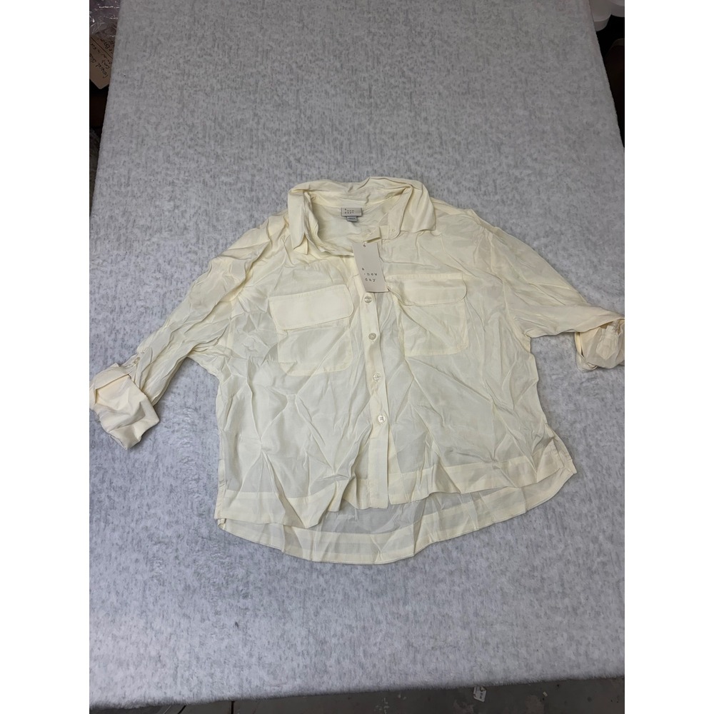 A New Day Womens Cream Button Down Utility Shirt Long Sleeve Roll Tab Size M..